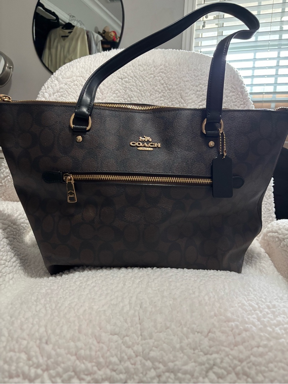 Coach Dark Brown Signature Tote with Black Straps and Gold Hardware